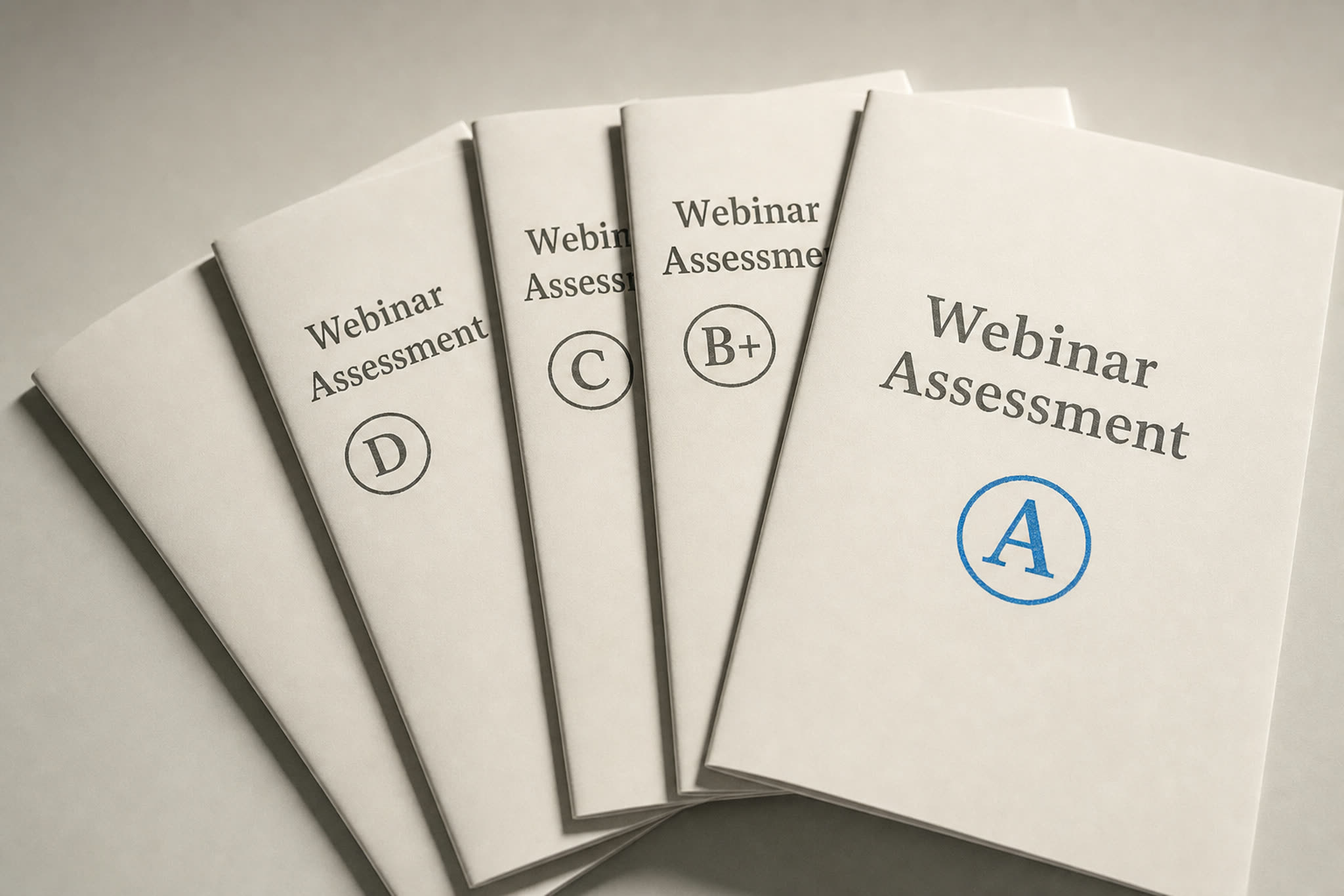 Several assessment covers fanned out, each with a letter grade